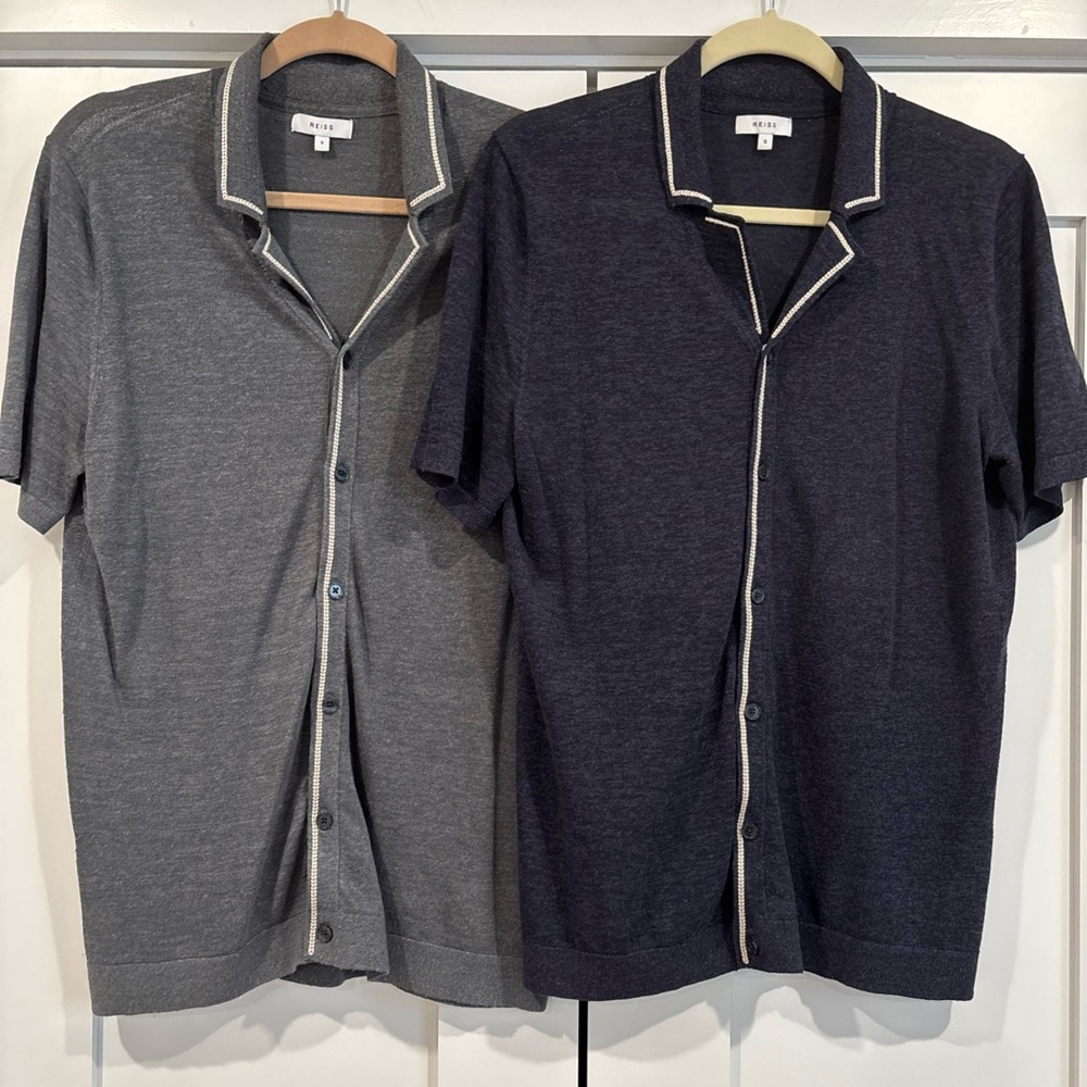 Lot Of 2 REISS MENS August Embroidered Cuban Collar Button Up Small Linen Blend